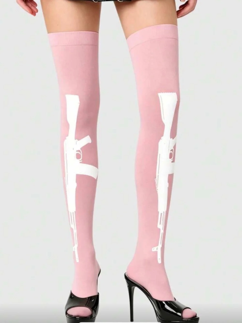 Pink Thigh-High Socks with White Rifle Graphic